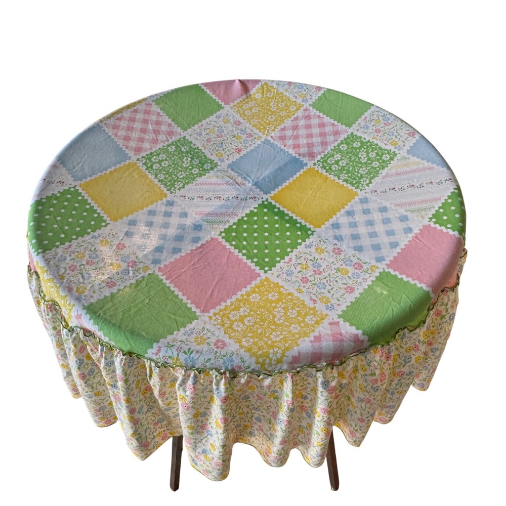 Granny Vintage Patchwork Ruffle 70' Round Tablecloth Floral‎ Gingham Cottagecore